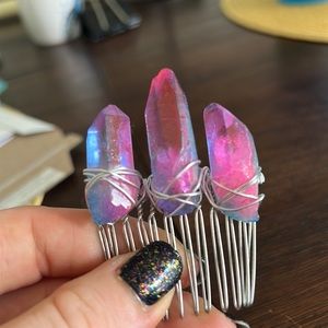 Pink and blue iridescent crystal quartz hair barrette